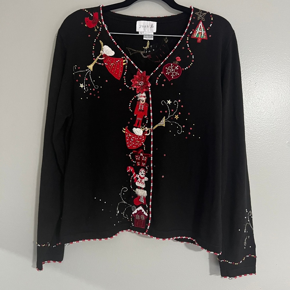 Just B Black Beaded Christmas Cardigan Sweater Large ugly holiday festive kitsch